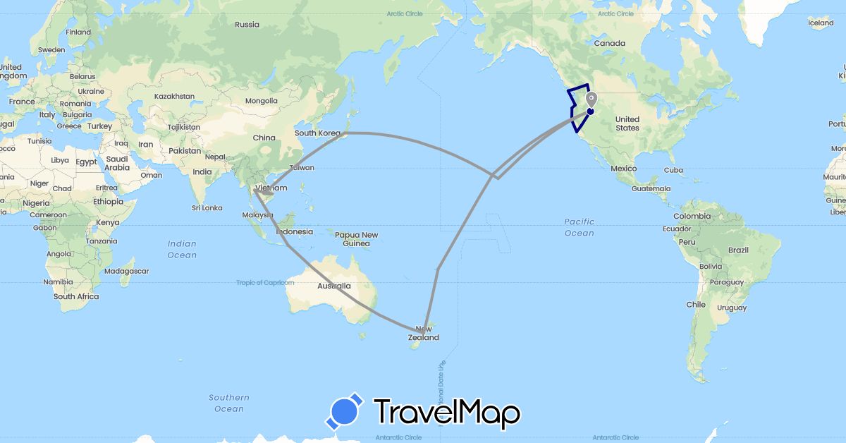 TravelMap itinerary: driving, plane in Australia, Canada, Fiji, Indonesia, Japan, Cambodia, New Zealand, Thailand, United States, Vietnam (Asia, North America, Oceania)